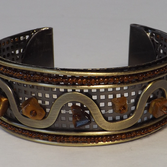 vintage cuff bracelet amber tigers eye steel brass - Picture 3 of 8