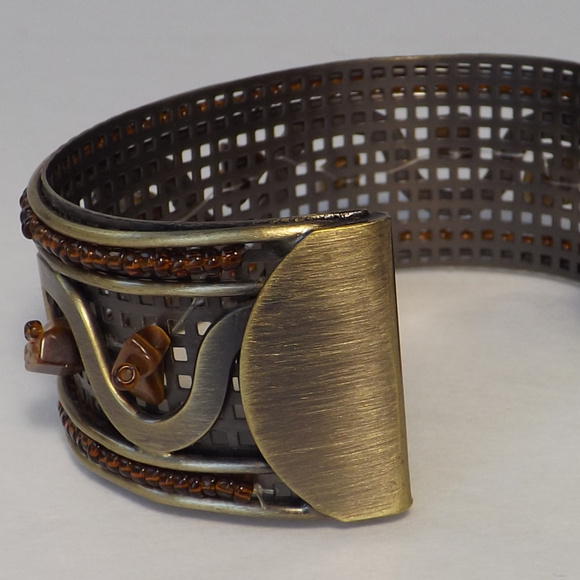 vintage cuff bracelet amber tigers eye steel brass - Picture 4 of 8