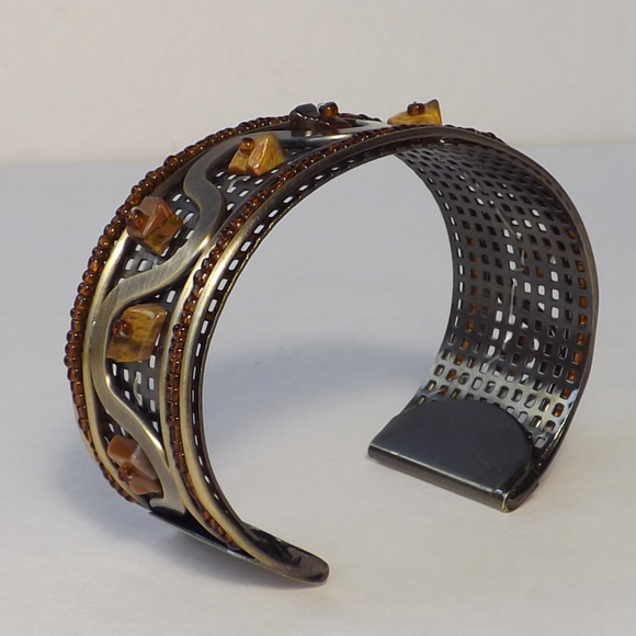 vintage cuff bracelet amber tigers eye steel brass - Picture 8 of 8