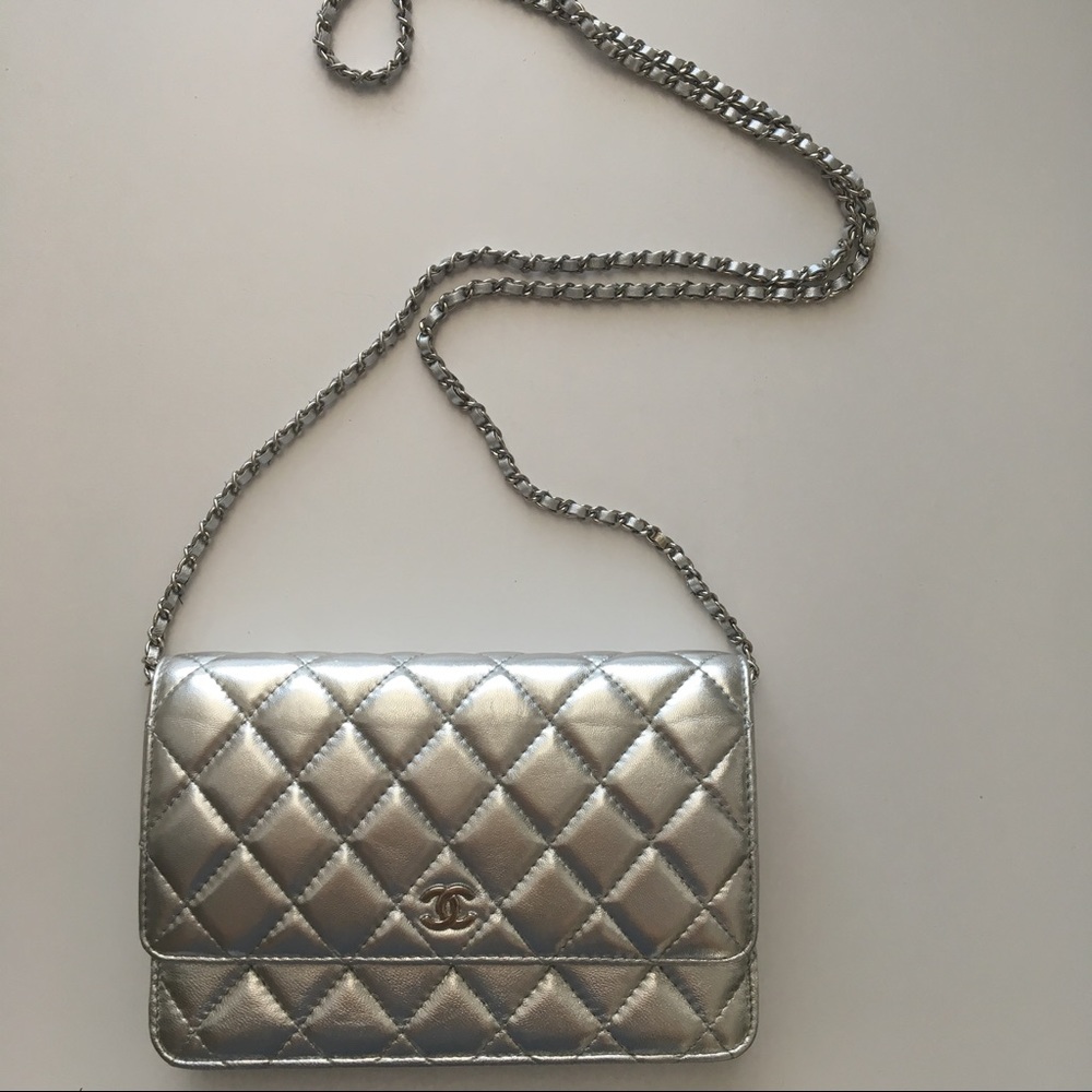 Chanel Silver Lambskin WOC Crossbody Bag Wallet