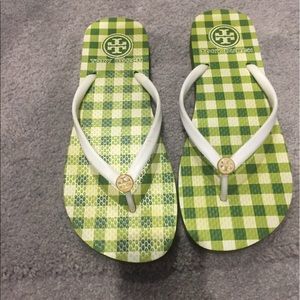 Tory Burch Flip Flops White and Green Gingham