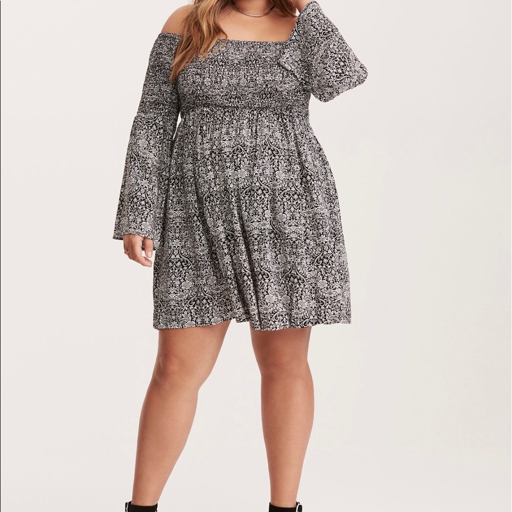 Torrid Abstract Print Smocked Bell Sleeve Dress