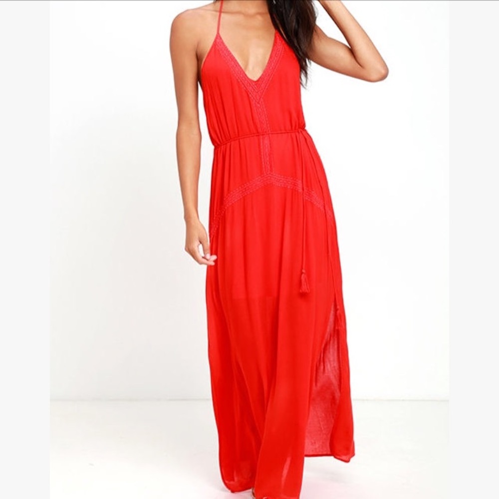 Red strappy back maxi dress