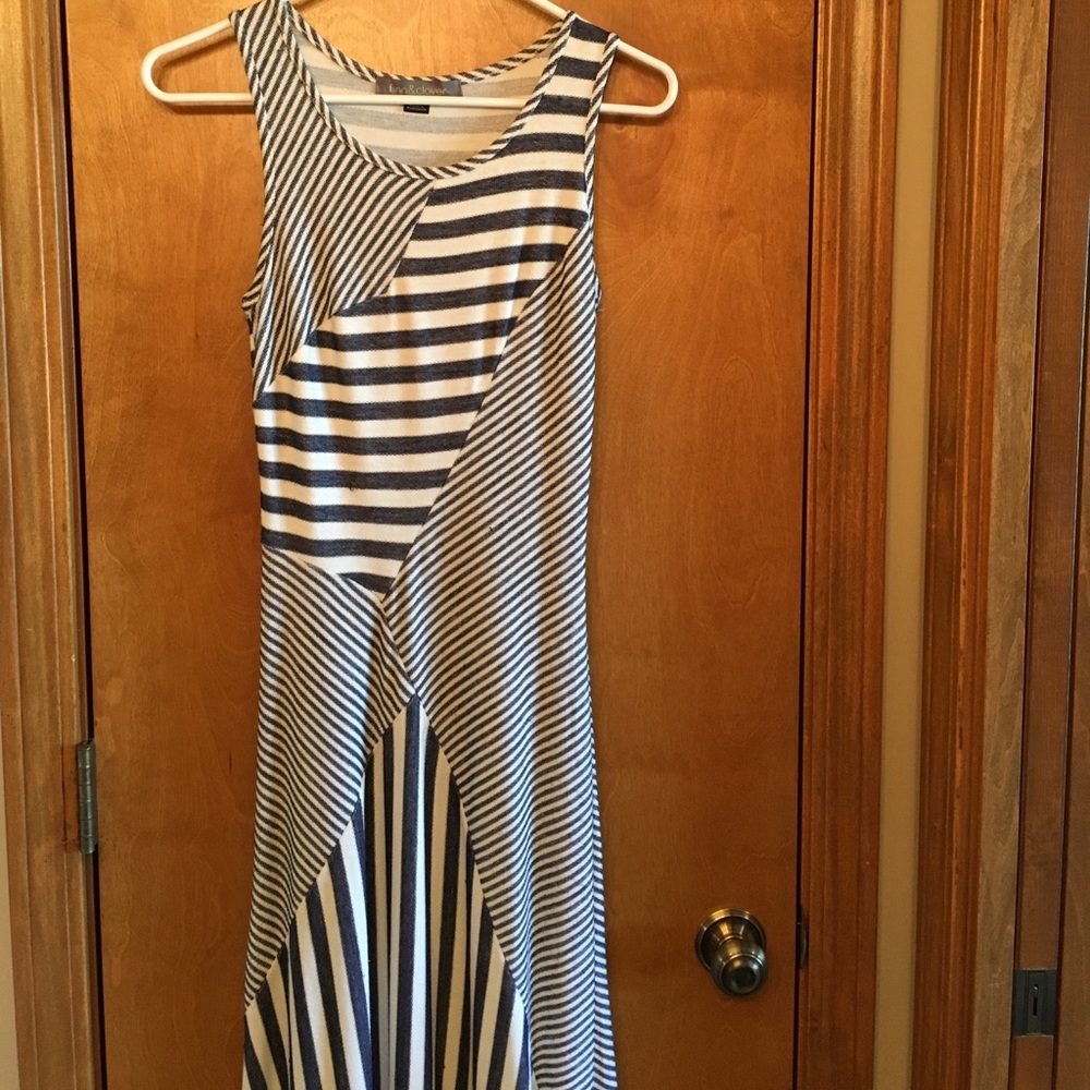finn&clover long blue and white striped dress.
