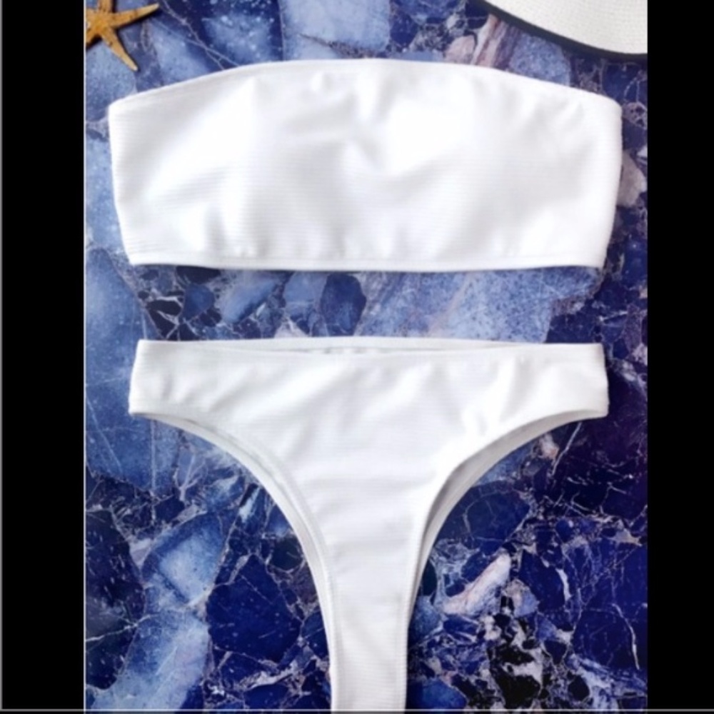 White Bandeau Strapless Bikini Top Set L D cup