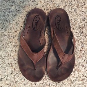 Brown leather Chaco flip flops, size 10