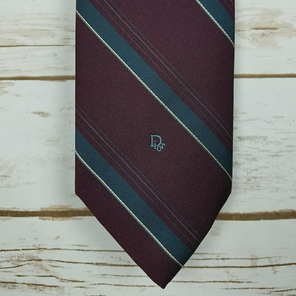 Christian Dior Burgundy Maroon & Blue Striped Tie