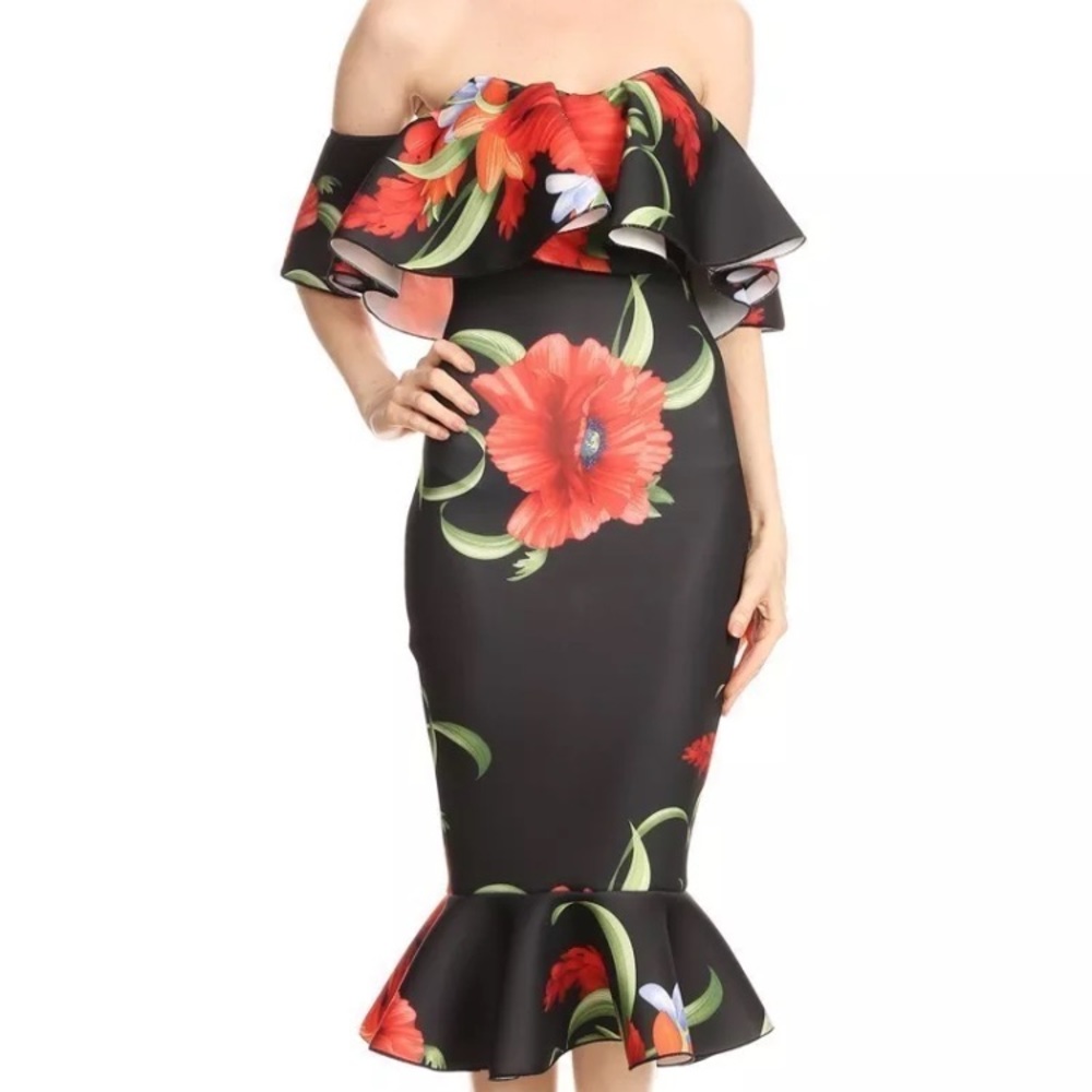 Womens Black Ruffle Off the Shoulder Midi Dress