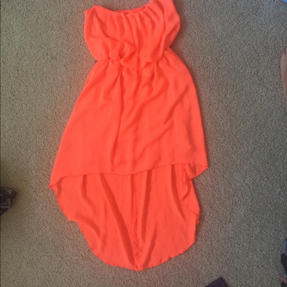 strapless neon high-low dress