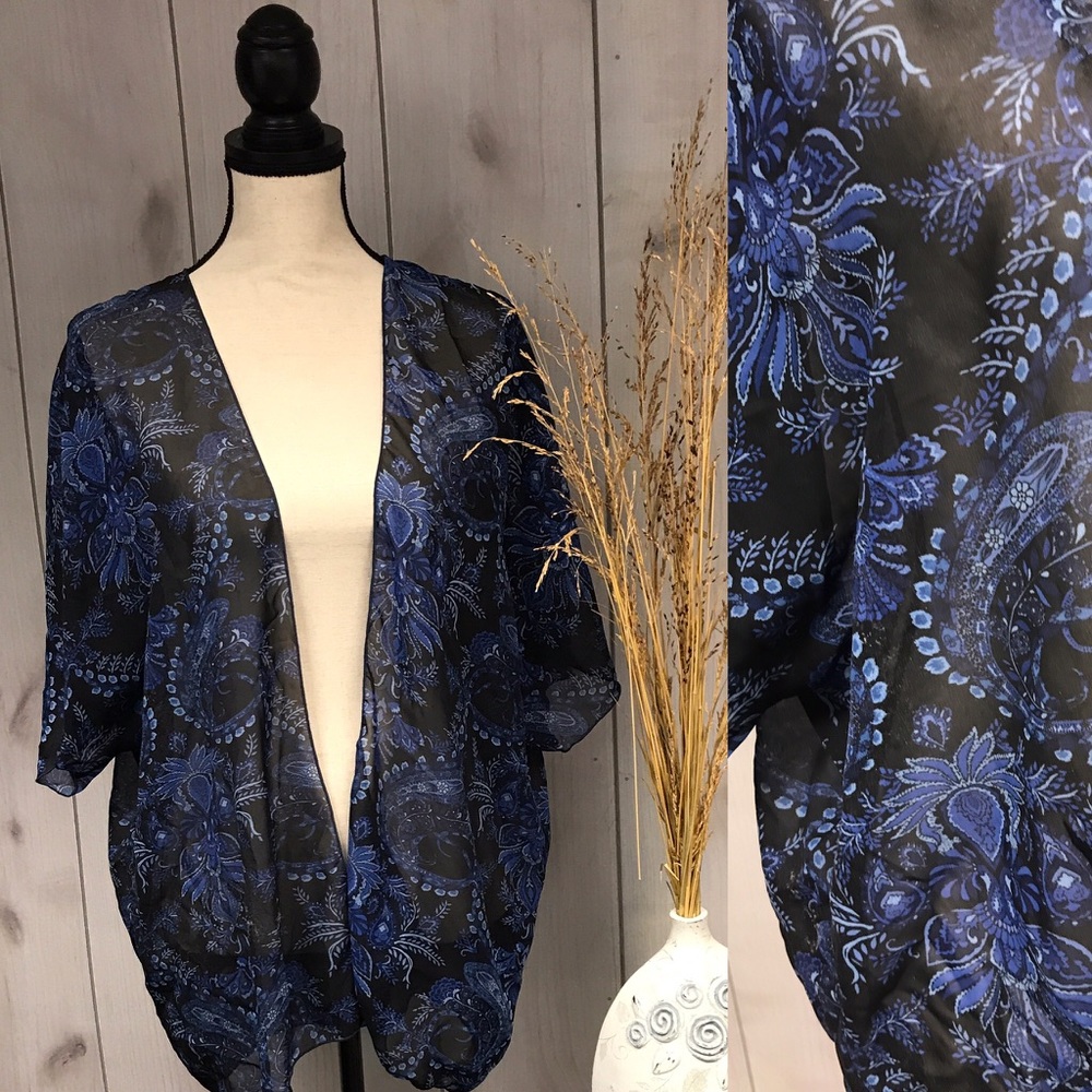 Floral Sheer Flowy Kimono Duster Black & Blue M/L