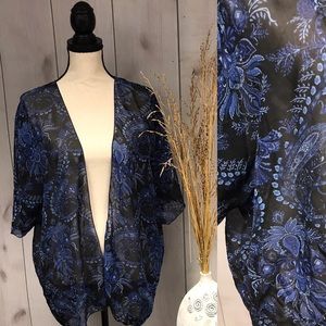 Floral Sheer Flowy Kimono Duster Black & Blue M/L