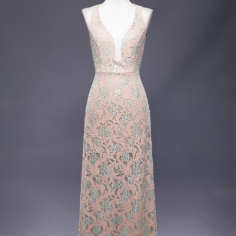 Floor Length Lace Dress With Plunging Neckline
