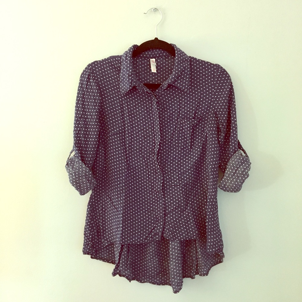 Xhilaration Lg Navy Blue Polka Dot Blouse