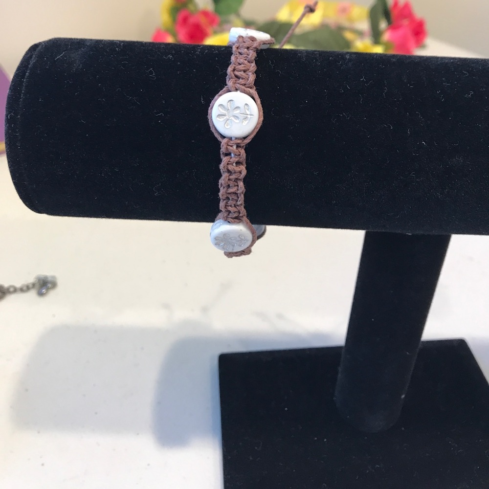 Brown Hemp Macrame bracelet w/ flower white beads