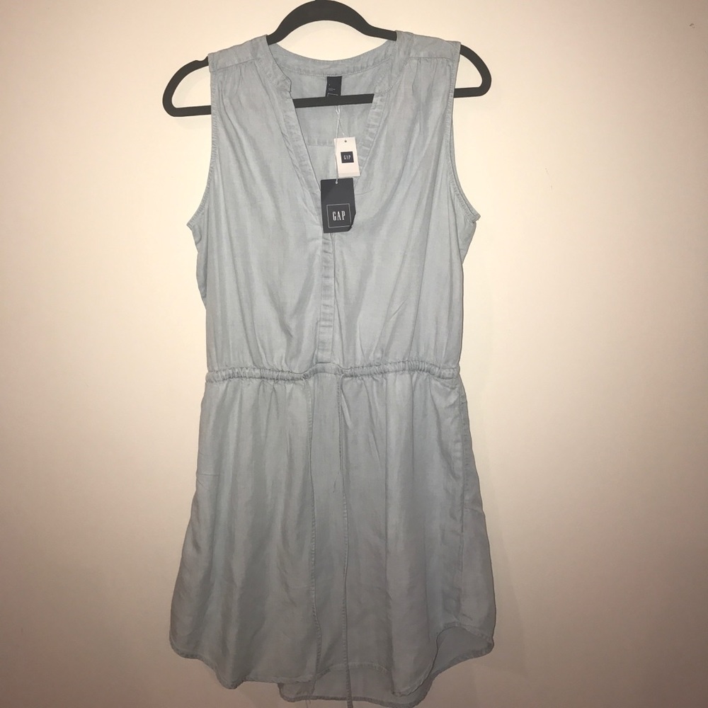 Light blue denim shirt dress with drawstring waist