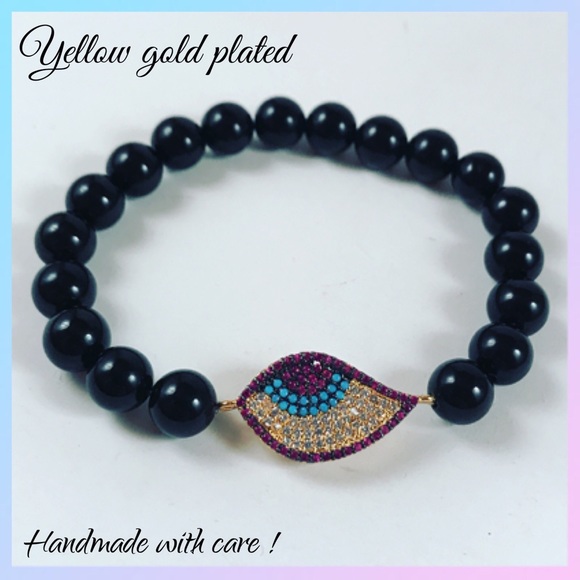 Genuine onyx cz yellow evil eye luck bead bracelet - Picture 2 of 8