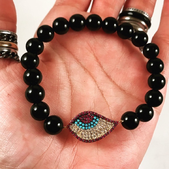 Genuine onyx cz yellow evil eye luck bead bracelet - Picture 4 of 8