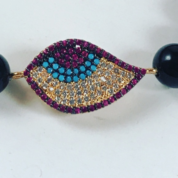 Genuine onyx cz yellow evil eye luck bead bracelet - Picture 3 of 8