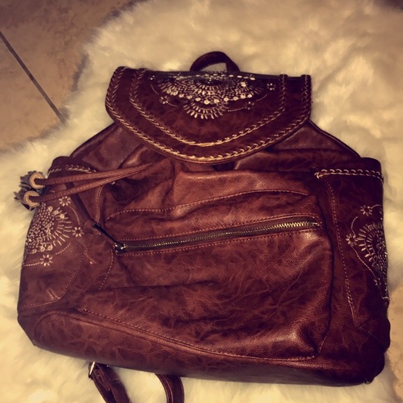 Brown leather floral print bag backpack - Picture 1 of 3