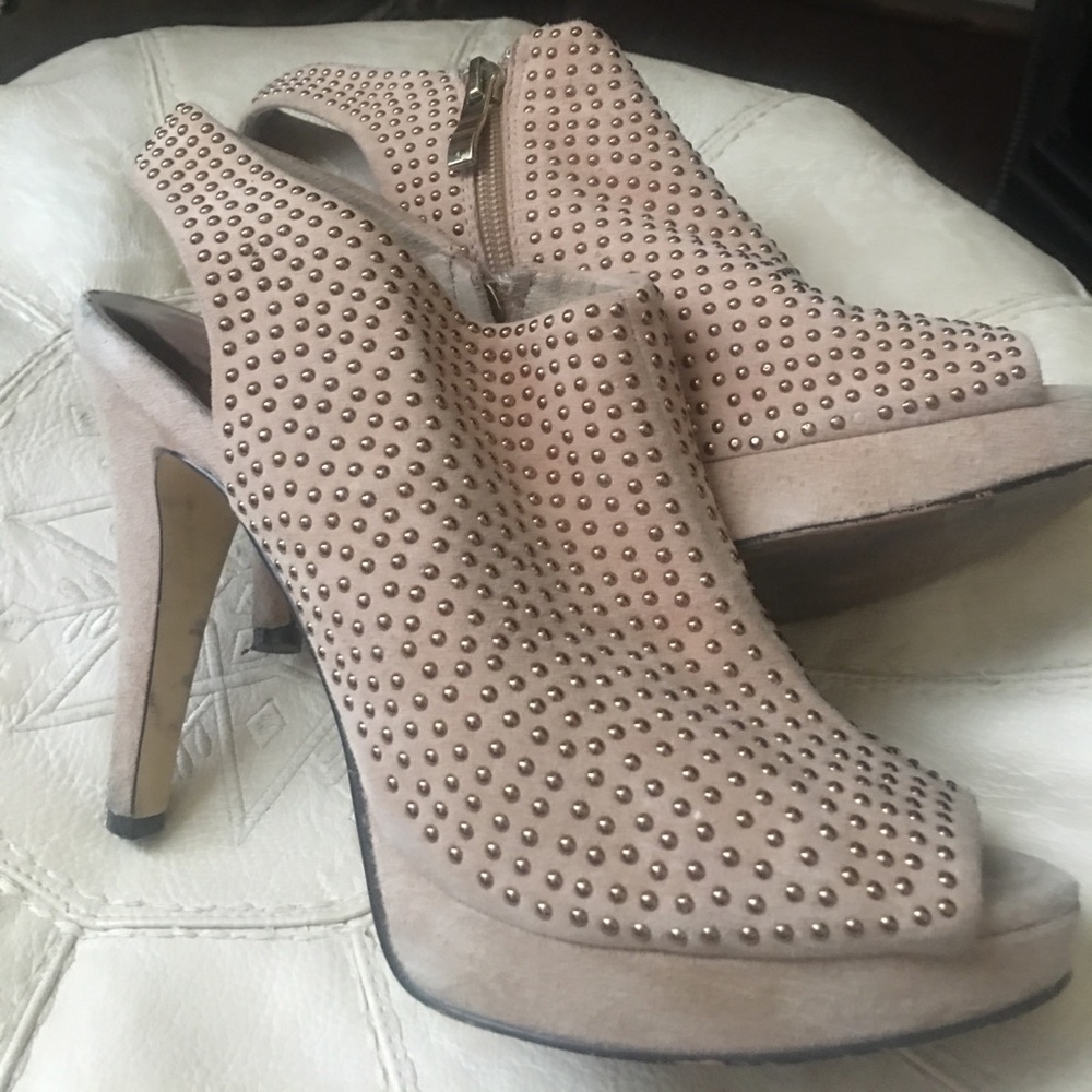 Reba suede gold studded side zippered sling backs