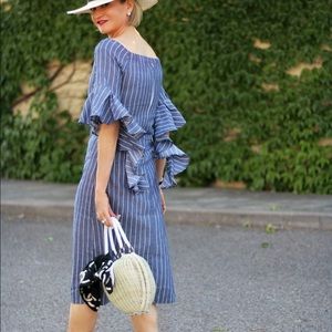 Pin Striped Off the Shoulder Dress