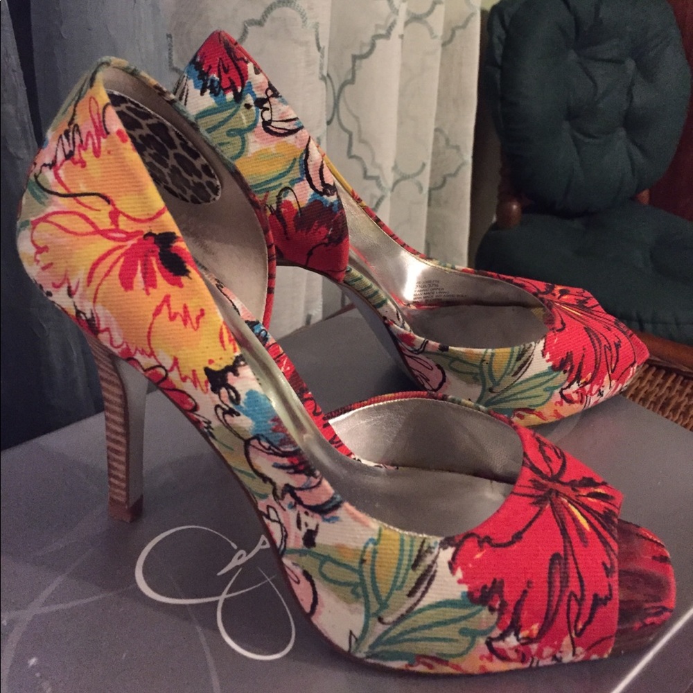 Denim peep toe floral Jessica Simpson heels 7.5