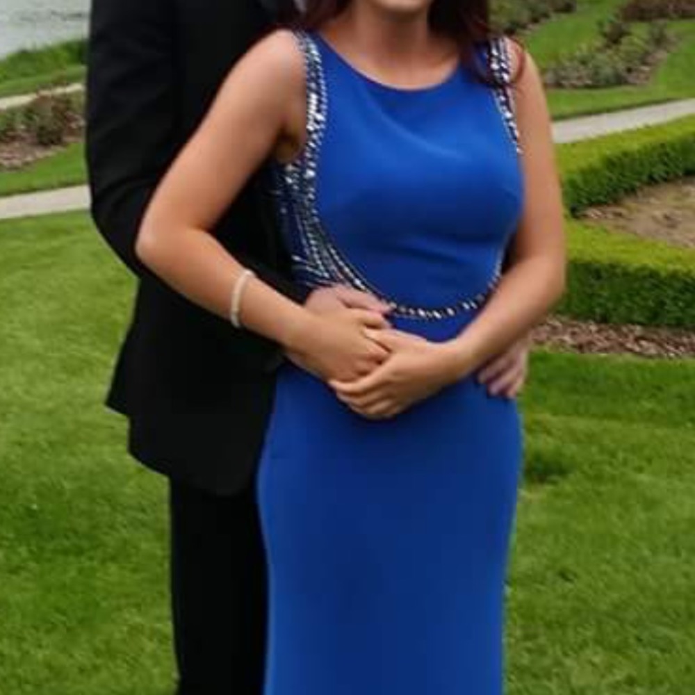 Blue high neck sequin prom dress