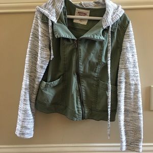 Mossimo Green Hooded Jacket with Grey Knit Sleeves