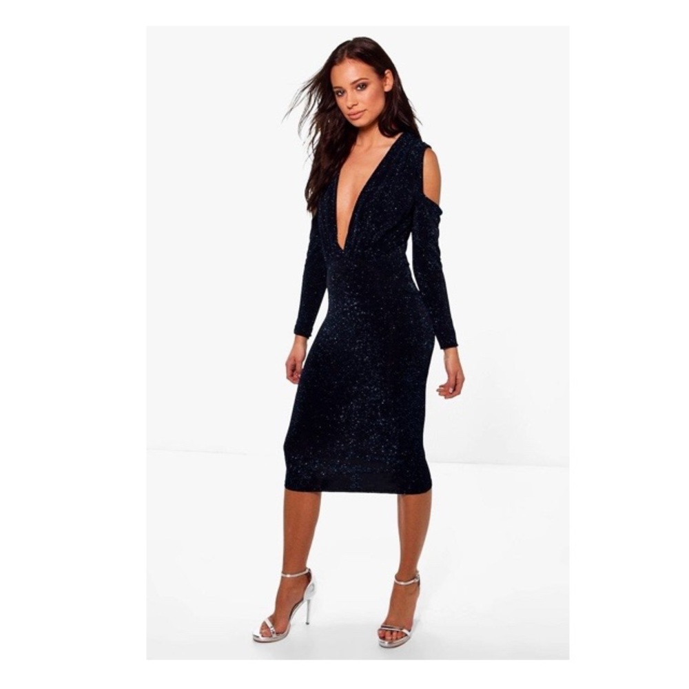 Melinda Metallic Cold Shoulder Plunge Midi Dress