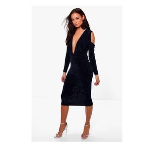 Melinda Metallic Cold Shoulder Plunge Midi Dress