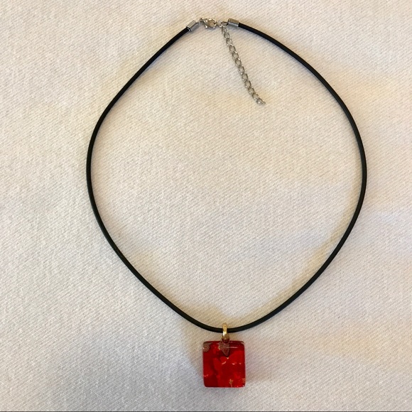 Square Red Glass Necklace - Picture 2 of 4