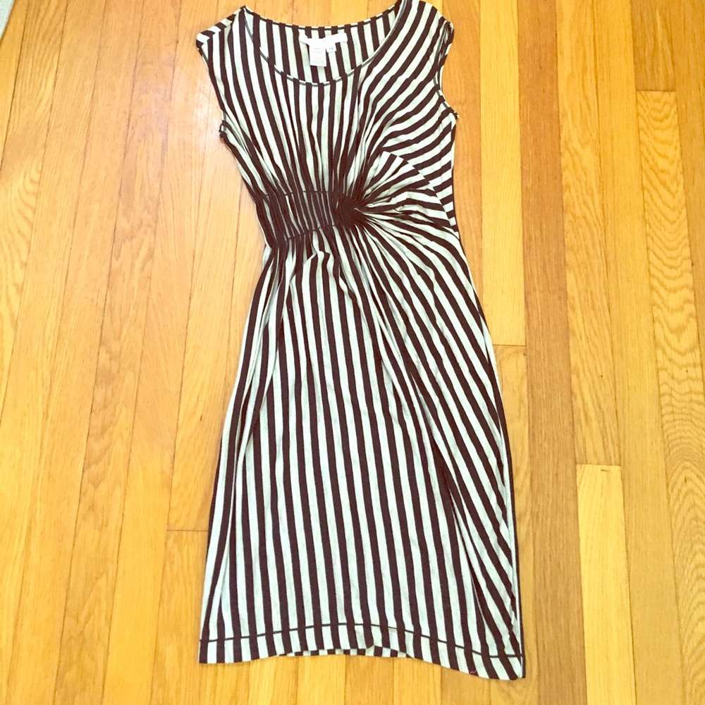 Grey and black striped dress. Gathered at side.