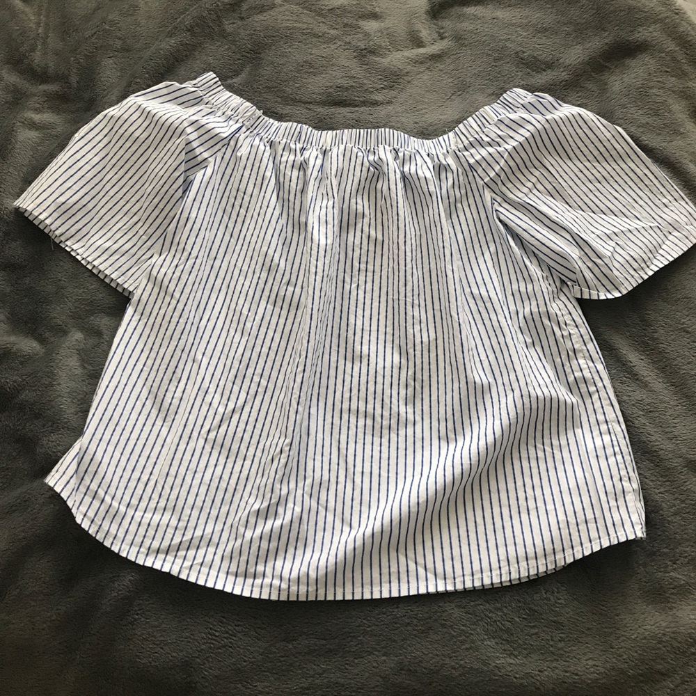 blue and white striped off the shoulder top