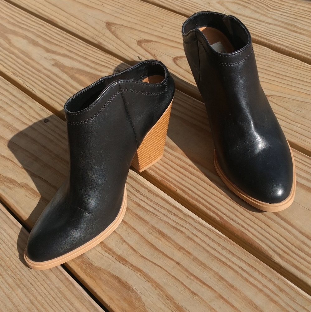 Black leather booties with open back