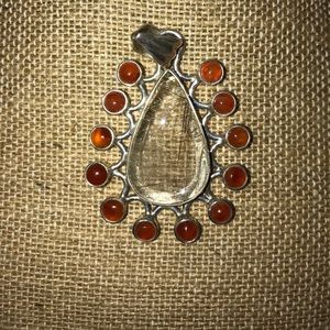 Lg pendant, clear w/ gold strands & orange accents