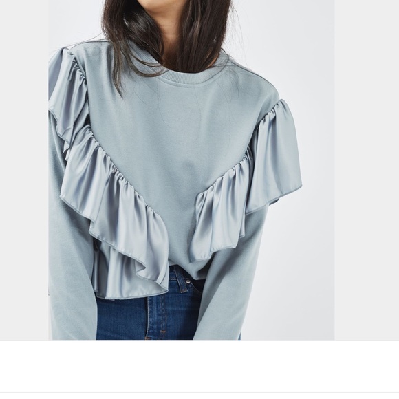 ❤️ Women's Blue Satin Ruffle Sweatshirt - Picture 2 of 5
