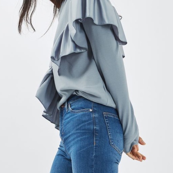 ❤️ Women's Blue Satin Ruffle Sweatshirt - Picture 4 of 5