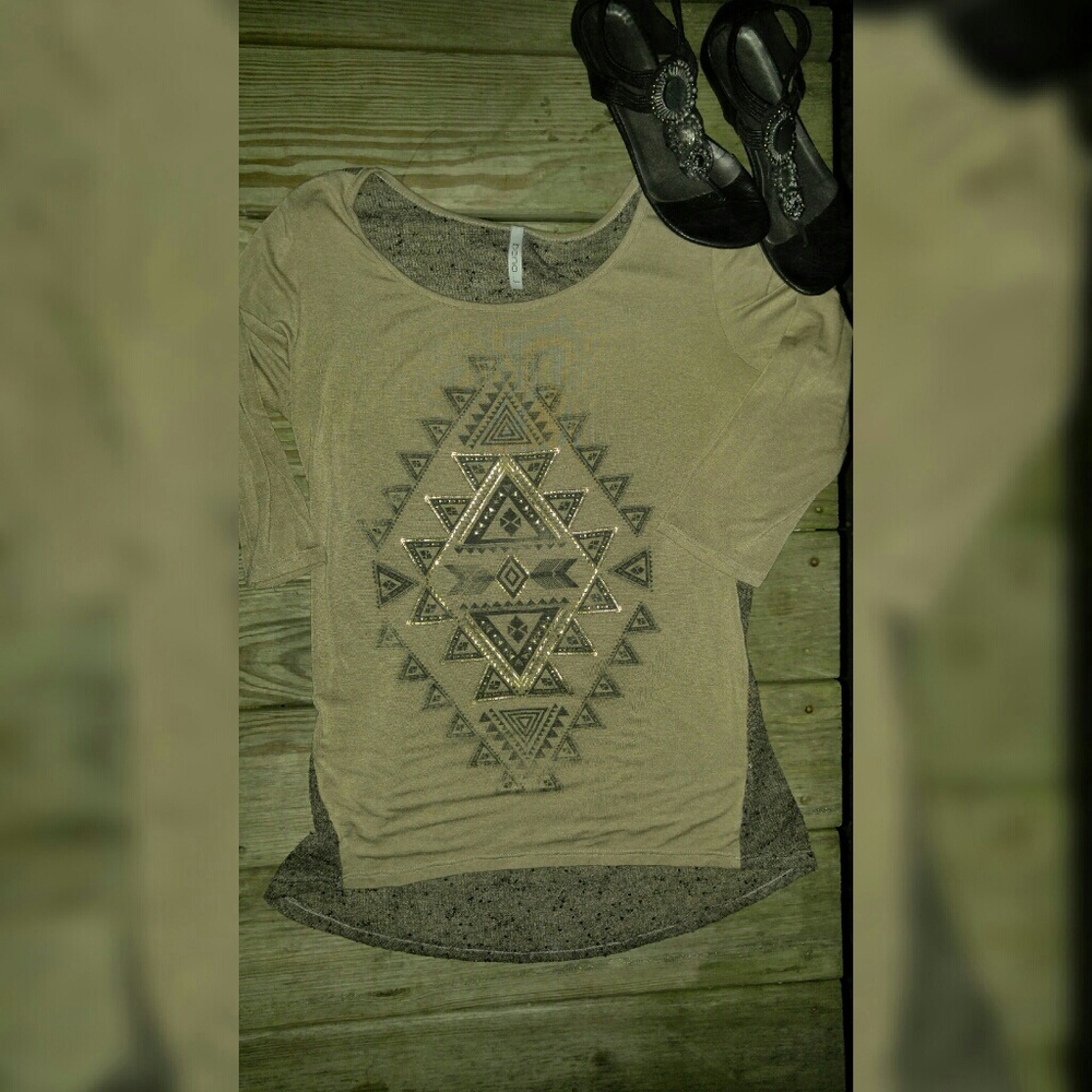 Aztec tan shirt with gold accents and knitted back