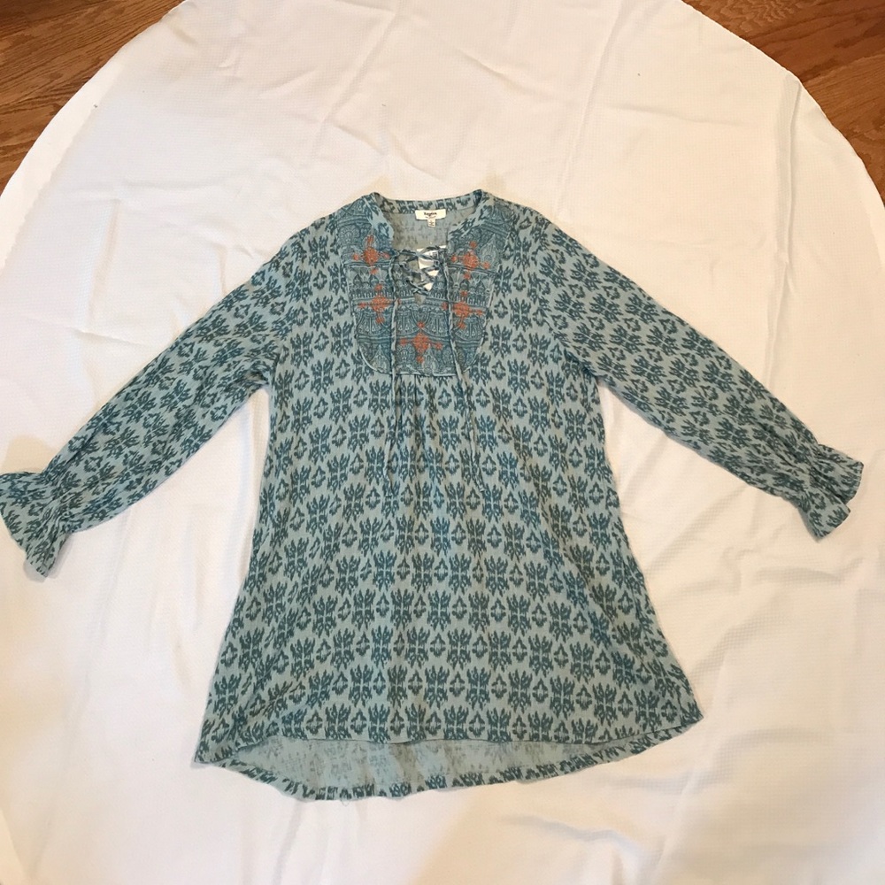 Teal printed linen lace up tunic size L
