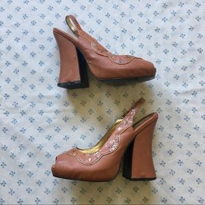 Brown/Camel slingback retro peep-toe chunky heels