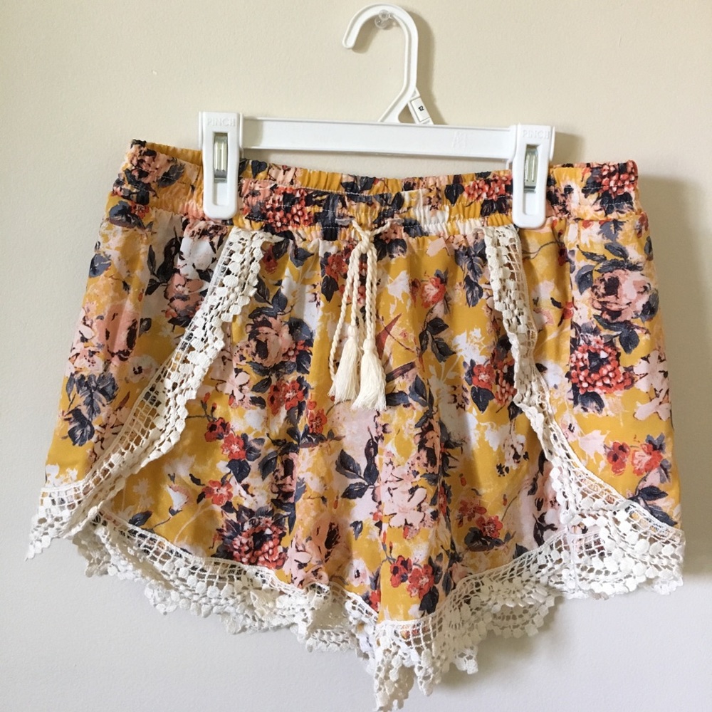 Target Yellow Floral Flowy Shorts With Lace Detail