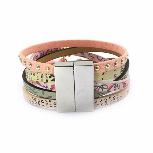 Pink Leather Wrap Boho Charm Bracelet - Picture 2 of 4