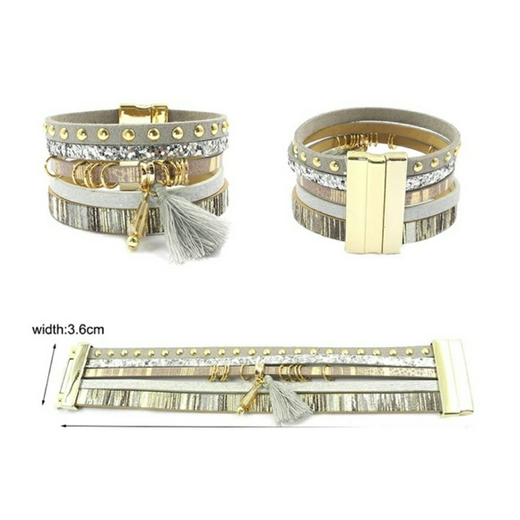 Boho Gray Leather Wrap Charm Bracelet - Picture 2 of 3