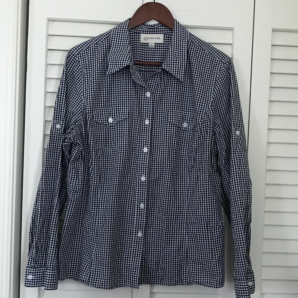 Ann Taylor Navy and White Gingham Button Down