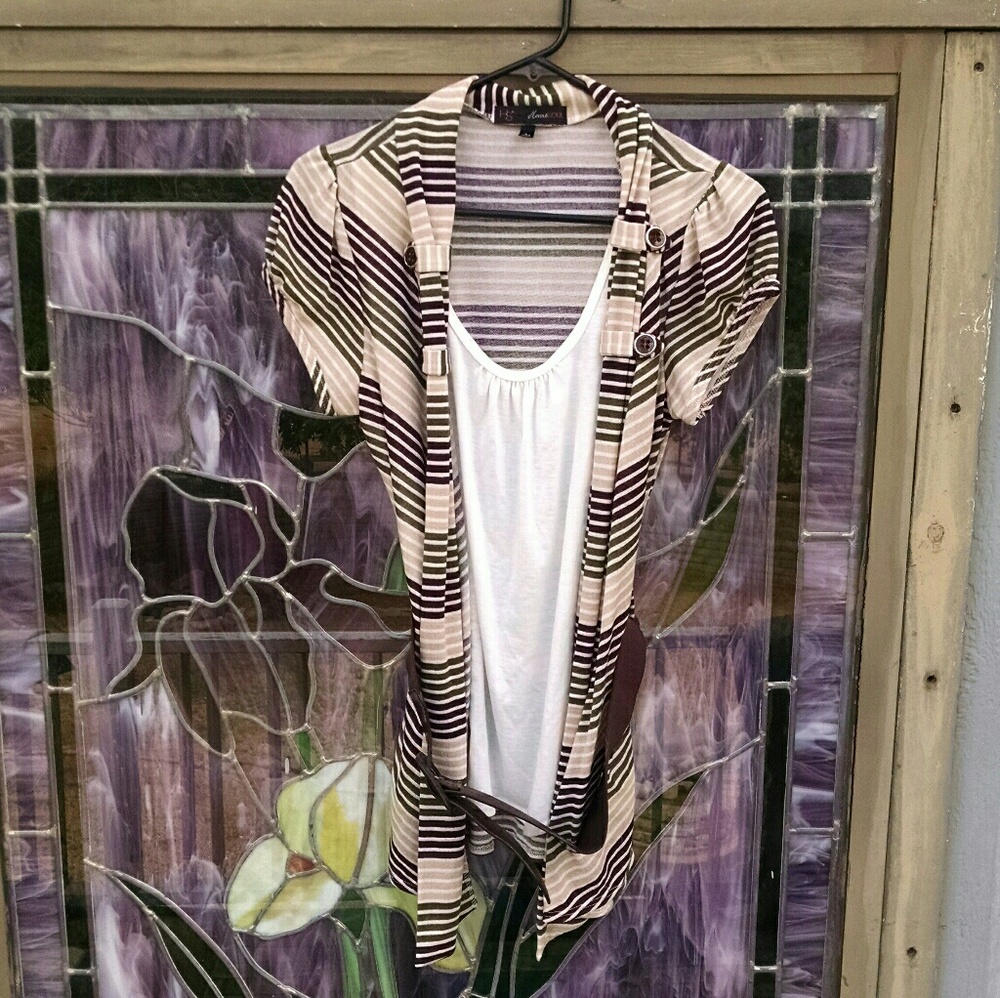 Striped Tunic Blouse W/ Undershirt And Belt