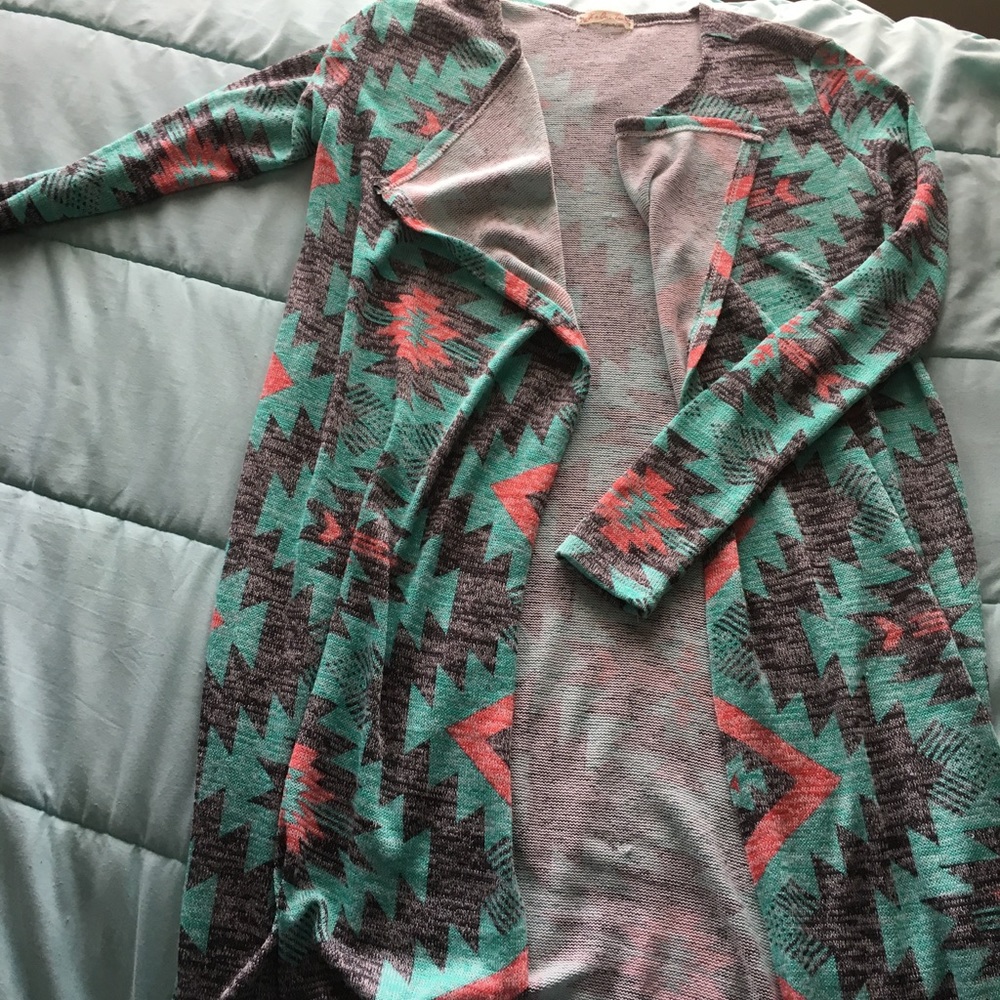 Teal , grey, and pink cardigan