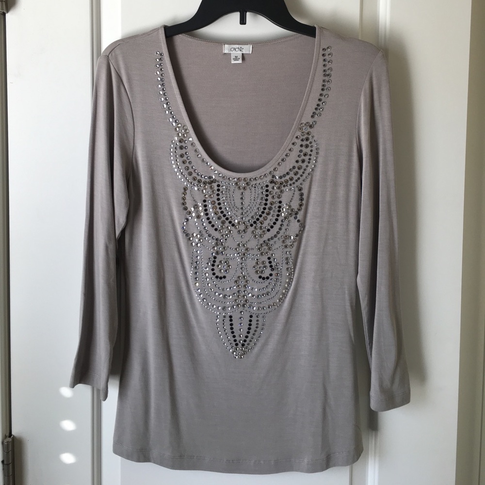Caché Light Gray Bejeweled 3/4 Sleeve Top