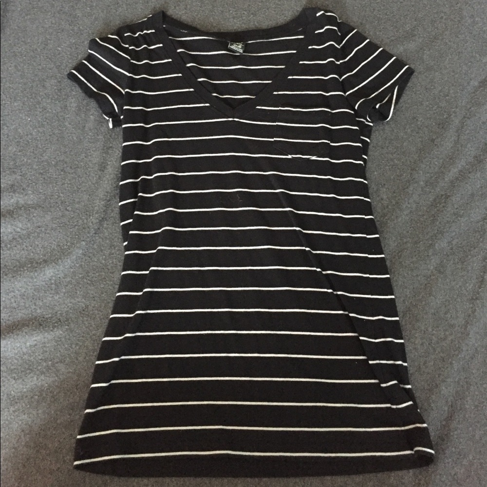 Black Skinny White Stripe V-Neck Tee
