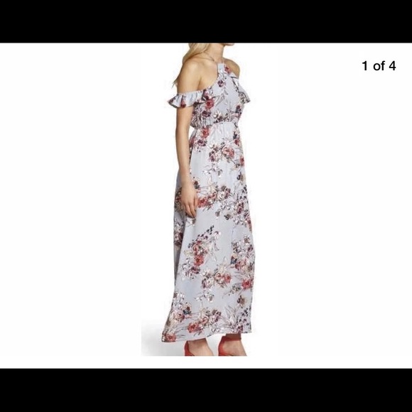 Blue Floral Cold Shoulder Maxi Dress - Picture 2 of 7