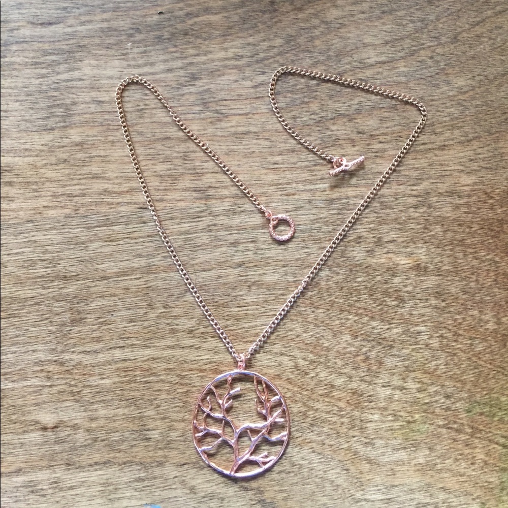 Bright copper plated tree of life necklace.